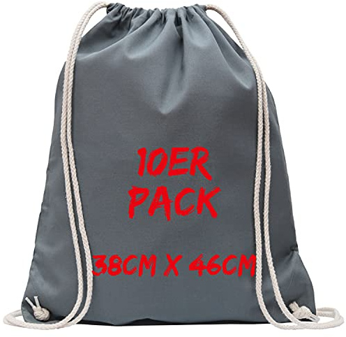 TEXXILLA Turnbeutel - 10er Pack | Stahlgrau | mit robusten Zugbändern | 38x46cm | Jutebeutel | Einkaufstasche | unbedruckt