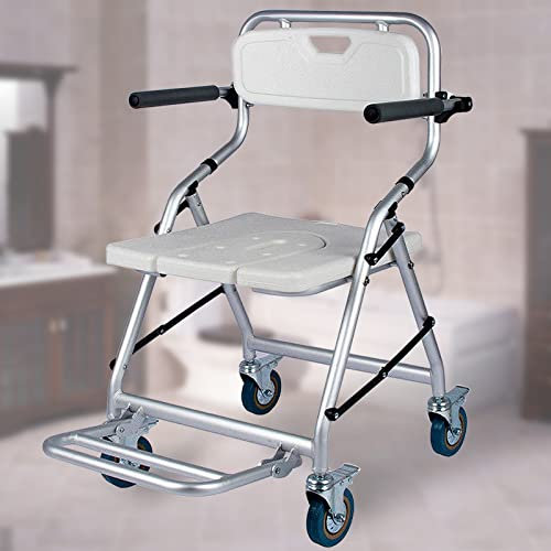 Duschstuhl Faltbar Duschhocker Badhocker mit Rädern für Senioren und Behinderte, rutschfest Duschsitz mit Arm- und Rückenlehne, 3-in-1 Toilettenstuhl, Rollstuhl und Duschstuhl