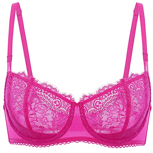DOBREVA Women's Lace Balconette Bra Half Cup Non Padded Push Up Underwire Sheer Bras Bright Fuchsia 36C