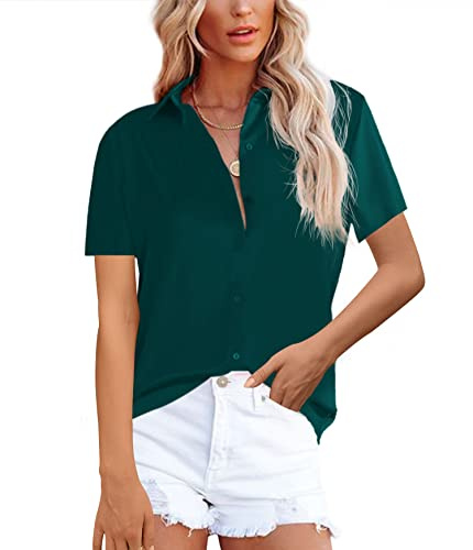 NONSAR Damblus, eleganta långa ärmar, skjortblus med ståkrage, kontorsblusar, lediga toppar, Mörkgrön kort ärm, XL