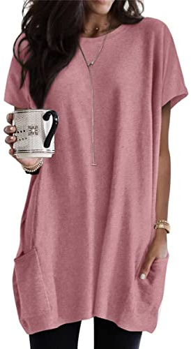 ORANDESIGNE Maglietta Lunga a Maniche Corte Donna T-Shirt Scollo Rotondo Estiva Elegante Camicia Casual Tinta Unita Camicetta Sportivi Moda Top Taglie Grande Blusa Mini Abito