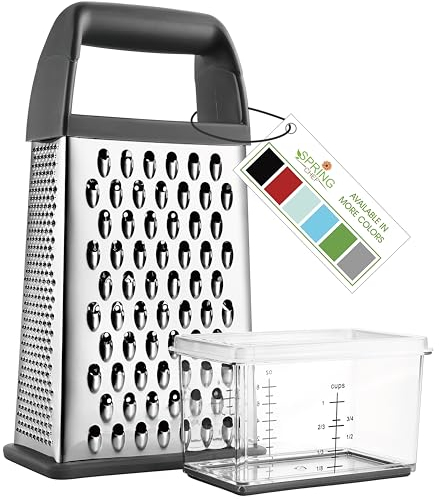 Spring Chef Professional Gray 10 Parmesan Cheese Grater With Container, Stainless Steel & Soft Grip Handle, 4 Sided Kitchen Carrot Shredder, Handheld Box Grater for Potato, Veggie, Ginger, Hashbrown