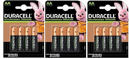 12 x Duracell AA Rechargeable Batteries 1300mAh (3 Blister Packs of 4 Batteries) 12 Rechargeable Batteries (HR6/DC1500)