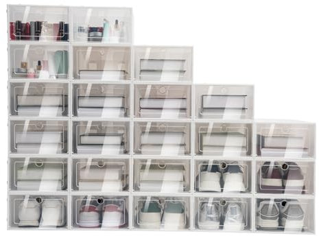 Schuhboxen Kunststoff Schuhbox Aufbewahrungsboxen für Schuhe Faltbar und Stapelbarer Schuhorganizer Schuhaufbewahrung für Schuhe bis Größe 47, Transparent-Weiß-33 x 23 x 14 cm (20er Set) (24er Set)