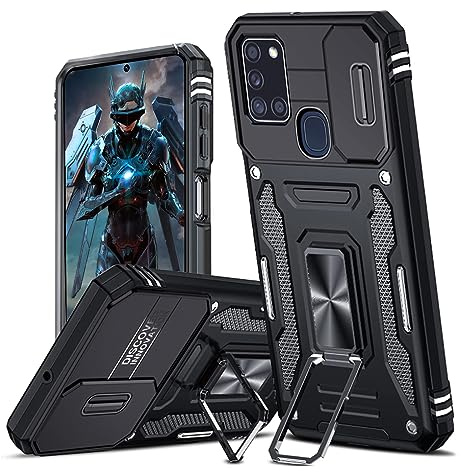 Hülle für Samsung Galaxy A21S Kameraschieber Schutz, Hybrid Handyhülle mit Kameraschutz Kickstand Ständer Metall Ring Handy Hüllen, Militärqualität Standard Stoßfeste Schutzhülle Case - Schwarz