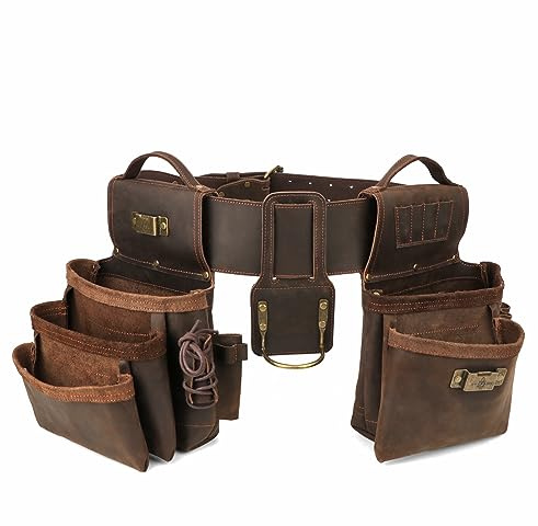 Tourbon Genuine Leather Tool Belt w/Suspenders Carpentry Multipurpose Rig Pockets Organizer Electrician Tools Pouch Holder Bag for Construction Framers (Tool Belt)