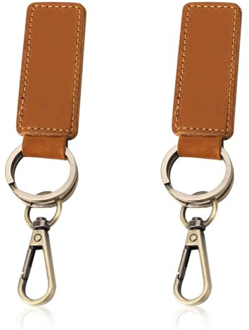 2pcs Porte Clés en Cuir, Double Anneau Rétro Porte Clés de Voiture Porte Clés Universel Porte Clés en Cuir Ornement Suspendu Leather Key Ring pour Hommes et Femmes(Brun)