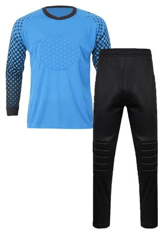 DRHOM Kids Boys Padded Goalkeeper Jersey and Pants Set Long Sleeves Goalie Soccer Shirt Training Uniform Activewear (Blue, 11-12)