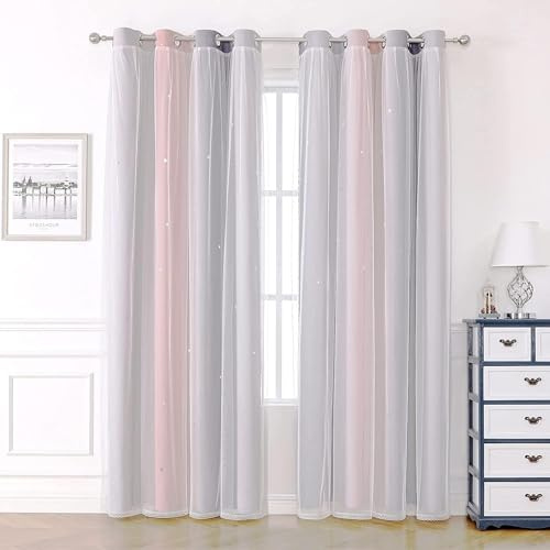 Blackout Curtains for Living Room Eyelet Bedroom Home Nursery Kids Girls, 2 Panels 52 x 63 inch Drop Thermal Insulated White Voile Net Curtains for Windows Winter,Star Pink Grey