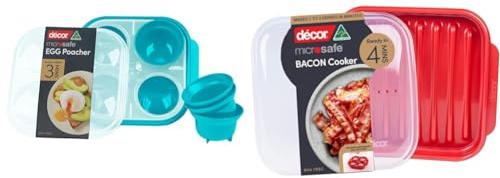 Décor Microwave Egg Poacher Cups for 4 | Food Grade Poached Egg Maker | Non-stick, Easy to Clean & Microwave Bacon Cooker | Splatter Proof Crisper Tray with Lid | Dishwasher Safe | BPA-Free Red