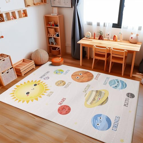 Carpetsale24 Kinderteppich Mehrfarbig 140x200 cm Planeten Muster Modern rutschfest Waschbar Pflegeleicht Extra Weich Antiallergen Babyteppich Kinderzimmer Jungen Mädchen