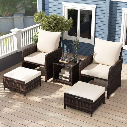 GIANTEX Gartenmöbel Set, Balkonmöbel Kleiner Balkon, Lounge Möbel 5-teilig | Rattan Balkonset 2 Sessel mit Hocker, 5er Gartenlounge Set, Terassenmöbel Außen, Gartengarnitur Möbelsets Outdoor Sitzgruppe