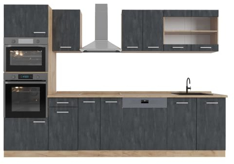 Vicco Küchenzeile R-Line, Schwarz Beton/Goldkraft Eiche, 300 cm | 8 Module · Höhenverstellbare Füße · Ohne Arbeitsplatte · Robuste Fronten · Mit Backofen-/Mikrowellenschrank
