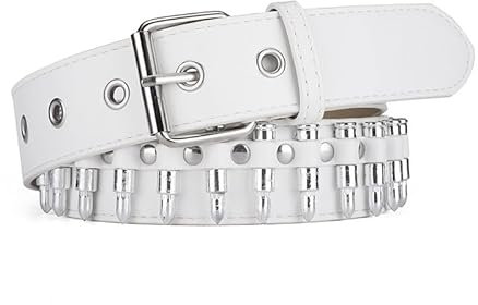 FOCAST Schwarzer Nietengürtel, Punkrock, Nietengürtel, Ösen, Fädengürtel mit heller Metallpyramide, für Damen und Herren, Weißer Bullet-Gürtel, Fit Pant 31-36 inch