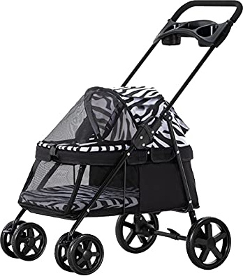 Hundebuggys für kleine Hunde, Haustierbuggy für Katzen mit Getränkehalter, Premium Hundekinderwagen, Buggy mit Regenschutz, atmungsaktive Hundekinderwagen (Zebramuster) (Zebramuster)
