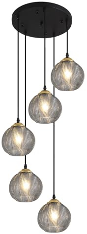 KCO Beleuchtung Runde Glas-Pendelleuchte 5-flammig Landhaus-Cluster-Kronleuchter Schwarz Küchen-Pendelbeleuchtung Rauchglas-Cluster-Pendelleuchte Mid Century Modern Kugel-Kronleuchter
