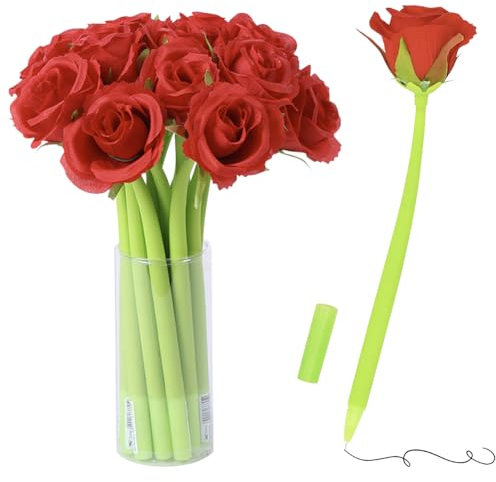10 bolígrafos de flores creativas con forma de rosa, bolígrafo negro de 0,5 mm, tinta de gel, para niñas, mujeres, profesoras en casa, oficina, escuela, escritorio, decoración, color rojo