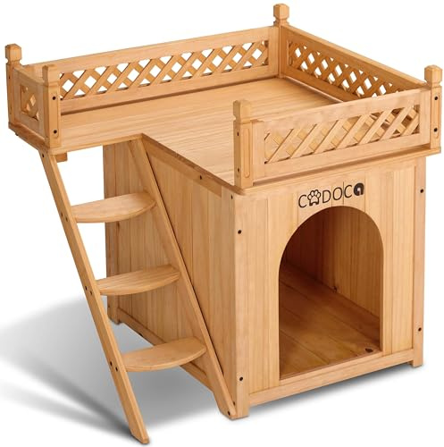 CADOCA® Wooden Pet House with Balcony & Stairs | Indoor Outdoor Cat House & Weatherproof Dog Kennel | Raised Weatherproof Waterproof Cat Shelter for Cats, Kittens, Puppies & Small Animals FSC® Wood