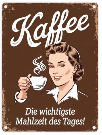 Kaffee - wichtigste Mahlzeit des Tages Metallschild in 15x20 cm Vintage-Stil Metallschild in 15x20 cm in Brauner Optik für die Küche Kaffee-Ecke Küche Dekoration
