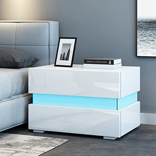 Komtopod Nachttisch Nachtschrank weiß Hochglanz mit LED-Beleuchtung,Modern Schlichte Nachtschrank Beistelltisch mit 2 Schubladen für Schlafzimmer und Wohnzimmer, 55 x 35 x 45 cm