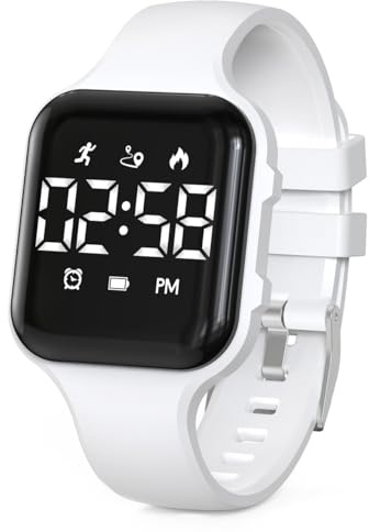 Kids LED Digital Watch, with Pedometer Step Counter, Waterproof, Sport Wristwatch, Calendar, Alarm Clock for Children Boys Girls Teens(White)