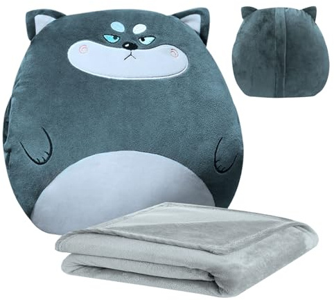 MeYuxg Couverture de Voyage et Oreiller avec Housse 3 en 1, Couverture de Sieste, Coussin de Dossier de Cde Voiture pour Enfants Garçons Filles, Cadeaux Doux pour Adultes (Rauque)