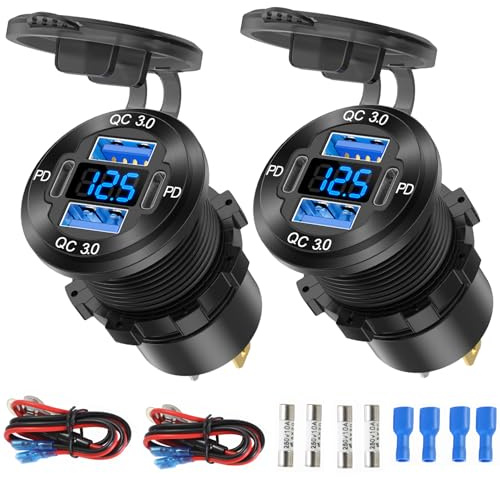 2 Pack 12V USB Outlet 4 Port Car Charger Socket, 78W Dual PD USB C and Dual Quick Charge 3.0 Port Aluminum Charger with Voltmeter DIY Kit Waterproof for Car Boat Marine Motorcycle RV ATV Truck, etc