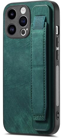 Omio Designed for iPhone 13 Pro Leather Case with Stand & Strap, Wrist Strap Leather Back Cover Case Hard PC Shockproof Finger Grip Case for iPhone 13 Pro Men Women Girls, Green