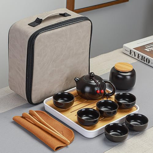 AYES Tragbare Teesets mit 1 Teekanne, 6 Teetassen, Reisetasche, 1 Teetablett - Asiatisch Chinesisch Japanisch Porzellan Vintage Teeservice für Frauen Männer Teeliebhaber Geschenke