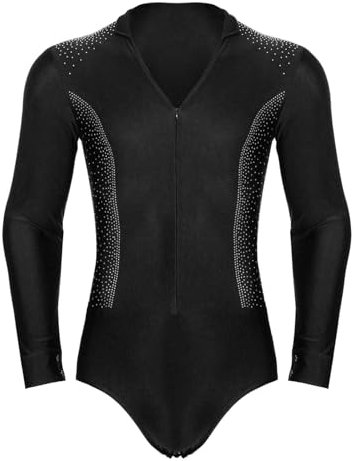 HULIJA Herren Bodysuit Langarm Tanz-Body mit V-Ausschnitt Strass Gymnastikbody Samba Latein Leotard Tanzkostüm Wettbewerb Schwarz XL