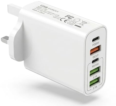 JINHENDS 65W USB C Plug, 5-Port Multi Fast Charger Plug UK, 2-Port PD Power Adapter + QC Wall Charger C Charging Plug for iPhone 16 15 14 13 12 11 Pro Max XS XR SE, iPad, AirPods (White)