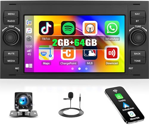 2+64G Autoradio pour Transit Fiesta Focus Galaxy Mondeo Fusion Kuga C-Max S-Max Connect avec Carplay Android Auto,7 écran Tactile Radio Bluetooth WLAN GPS FM/RDS EQ SWC et Caméra de Recul