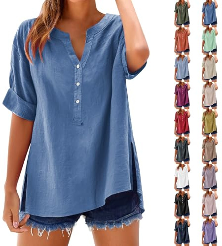 Angxiwan Denim Shirt Women Summer Womens Cotton Linen Loose Blouse Tops Ladies T-Shirts Plus Size Short Sleeve Tunic Tops Lightweight Button V-Neck Pink Blouse