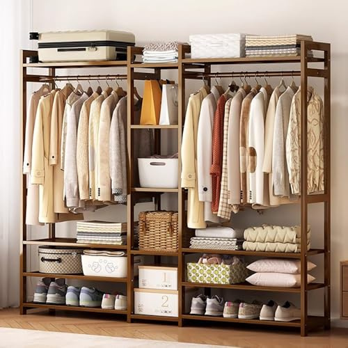 angrounps Bamboo Clothes Rail, Garment Rack with Storage Shelves Back and Tidy Rail, Open Wardrobe Closet, Clothing Rack for Bedroom Hallway Entryway 130/170x30x150cm