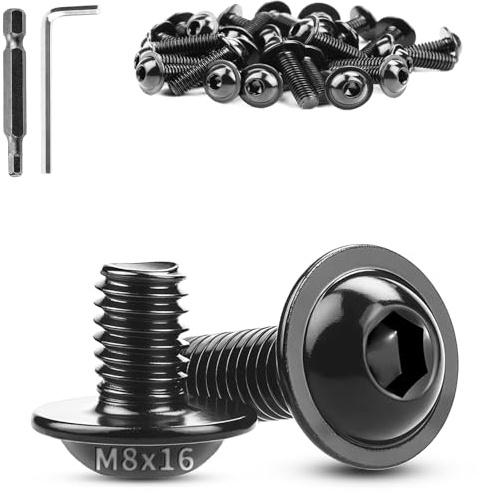TXXATX M8x16mm Linsenkopfschrauben mit Flansch 20stk Schrauben M8 Schwarz | Flachkopfschrauben, ISO7380-2, Edelstahl A2 V2A, Innensechskant, mit Schlüssel und Bit, für Tischbeine, Fahrzeuge