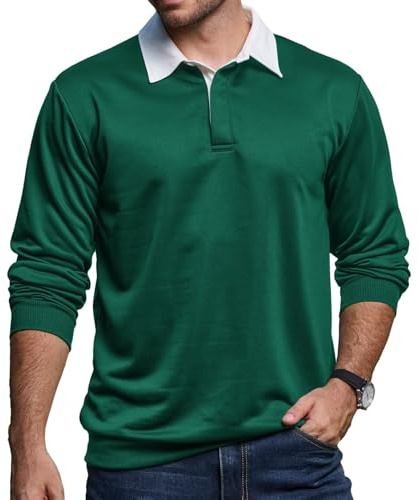 Remxi Mens Long Sleeve Polo Shirt Casual Button Down Sweatshirts for Men Classic Rugby Shirts with Contrast Collar