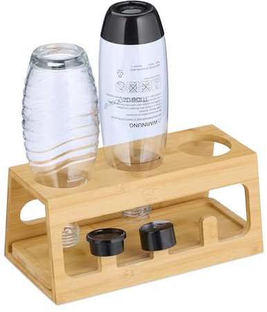 Relaxdays 10049884 Scolapiatti per 3 bottiglie, compatibile con Sodastream, in bambù, con vassoio antigoccia, 12,5 x 29 x 14 cm, colore naturale, 12.5 x 29 x 14 cm
