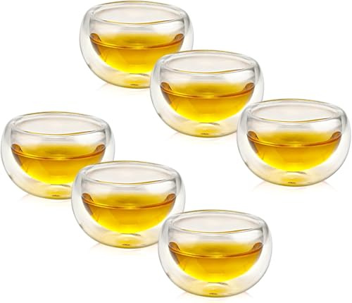 Doppelwandiger Glas-Teebecher 6er Set, 100ml Asiatische Klarsicht-Teebecher, Hitzebeständig Kleine Espresso-Tasse für Kaffee