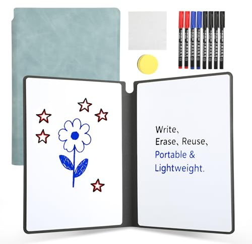 KITDAHOM Cuaderno Whiteboard - Mini Pizarra Blanca A5 - Con 8 Rotuladores y Borrador - Reutilizable, Borrado en Seco - Para Notas, Listas, Planificación (Azul Marino)