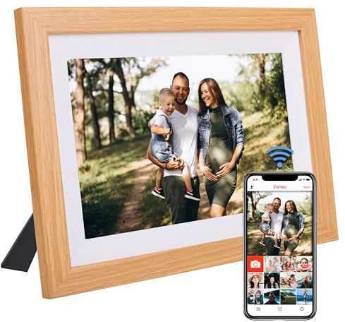 VONDRA Cornice per foto digitale WiFi - Modanatura digitale in legno naturale con 32 GB di memoria touch screen 10,1 rotazione automatica porta foto digitale supporto USB/SD condividi con cornice
