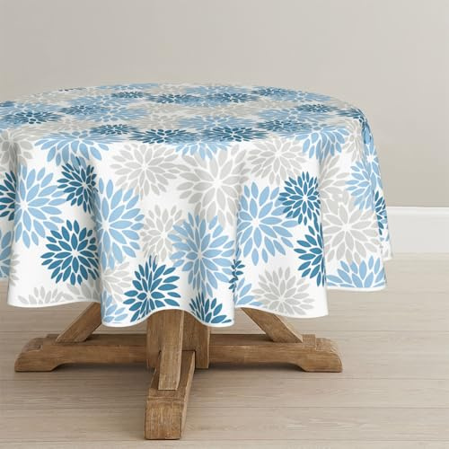 Artoid Mode Mantel redondo con diseño de flores de hielo azul y dalias, 120 cm, temporada de invierno, protección antimanchas, ropa de mesa, decoración de cocina, vacaciones, fiestas