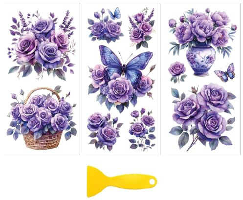 Peacoblue - Adhesivo de transferencia para decoración de muebles, bricolaje, 15 x 30 cm (6 x 12 pulgadas), flores vivas, violeta, 3 unidades de transferencia UV DTF impermeable para cajones, cajoneras