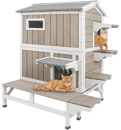 Cat Houses for Outdoor Cats, Wooden Two Story Cat House Weatherproof with 3 Jumping Platforms, 3 Doors, Balcony, Indoor Feral Cat Shelter with Openable Roof for Small Animals, Grey