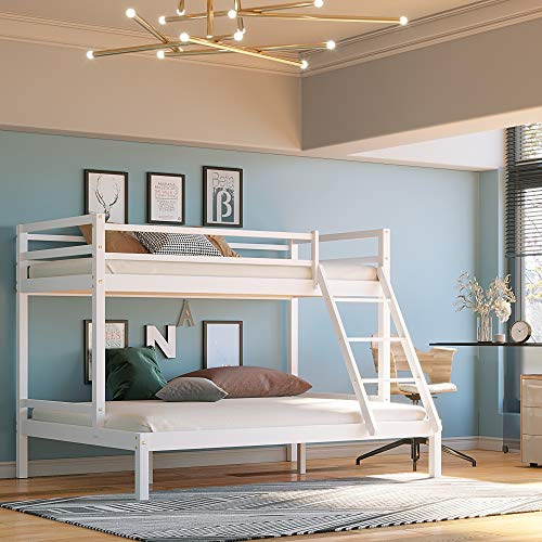 Panana Single Over Double Wooden Bunk Bed Frame, 3FT+4FT6 Triple Sleeper Solid Pine Platform Bed (White, Triple1)