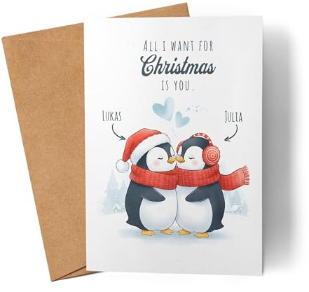 Kiddle-Design Weihnachtskarte für Paare personalisiert, Pärchen Geschenk mit Pinguin-Motiv für Freund & Freundin, Karte für Jahrestag und Nikolaus, Karte zu Weihnachten als Geldgeschenk für Sie & Ihn