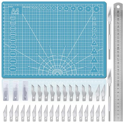 Miuzei A4 Cutting Mat Set: Self Healing Craft Mat with Steel Ruler, 30×22CM, Craft Board for DIY Projects, Sewing, Paper, Scrapbooking and Model Making (Blue)