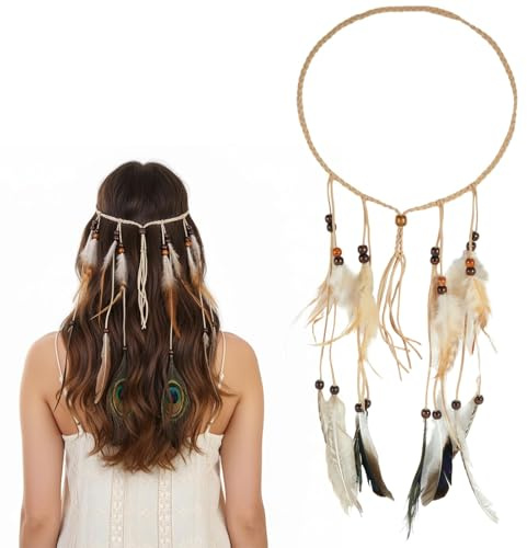 Damen Stirnbänder Hippie Boho Haarband Haarschmuck Indisch Kopfschmuck Feder Quasten Indianer Kostüm Damen Hippie Boho Haarband Gürtel Seil Weben mit Holzperle für Frauen Festival Hochzeit Ostern