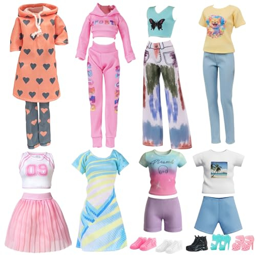20 Puppenkleidung und Zubehör für 11,5 Zoll Puppen, 2 Kapuzenpullover Sets 2 Freizeitoutfits 2 Sportröcke 2 Sets mit kurzärmeligen Shorts 5 Schuhe für Mädchen Geschenk