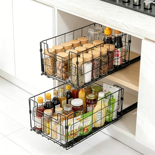 VINATO Lot de 2 Tiroir Coulissant Cuisine,Organiseurs de Tiroirs Extensibles Pliables pour Cuisine et Salle de Bain - Installation Sans Perçage Ni Vis,35x21.5x16 CM