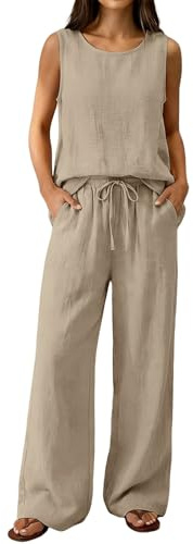 Coord Sets for Women Uk Summer 2 Piece Cotton Linen Airport Outfit Sleeveless Womens Tank Tops Wide Leg Trousers Casual Travel Beach Holiday Clothes Lounge Wear Set